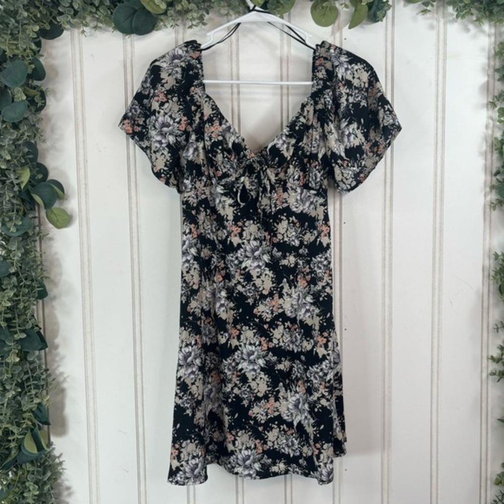 Graffiti Black Floral off the Shoulder Mini Dress‎ Feminine Boho Women MEDIUM